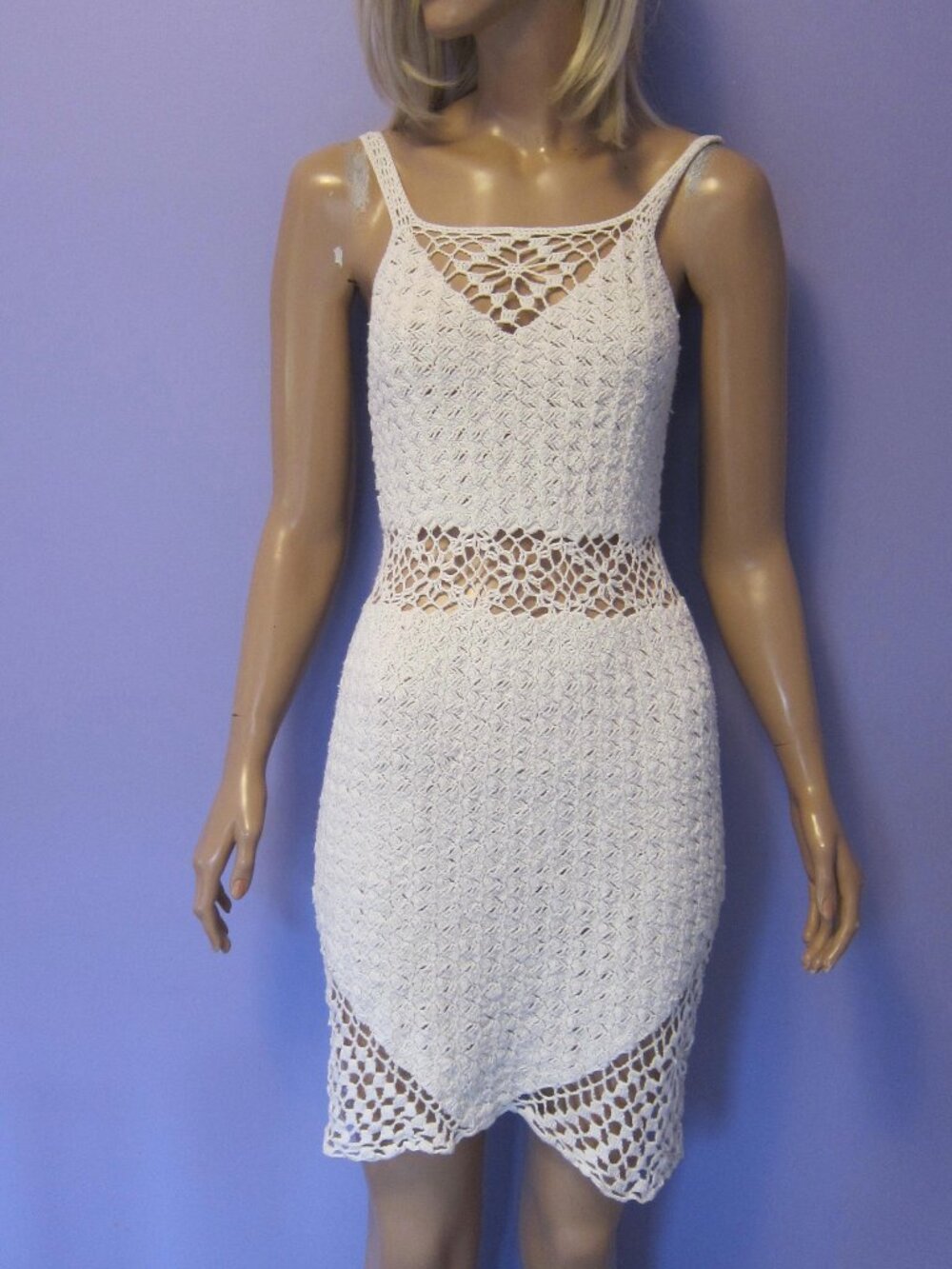 Vintage 70s HAND CROCHET COTTON LACE BOHO CHIC MINI BEACH DRESS